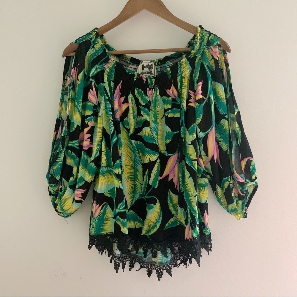 Jaase Tropical Botanical Print Off Shoulder Blouse XS Summer Resortwear